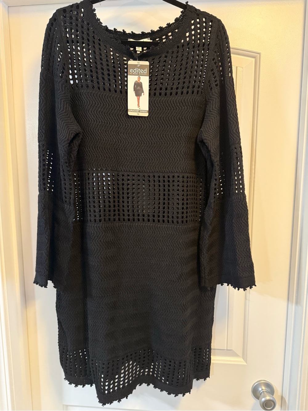 Edited Black Crochet Openwork Long-Sleeve Shift Dress